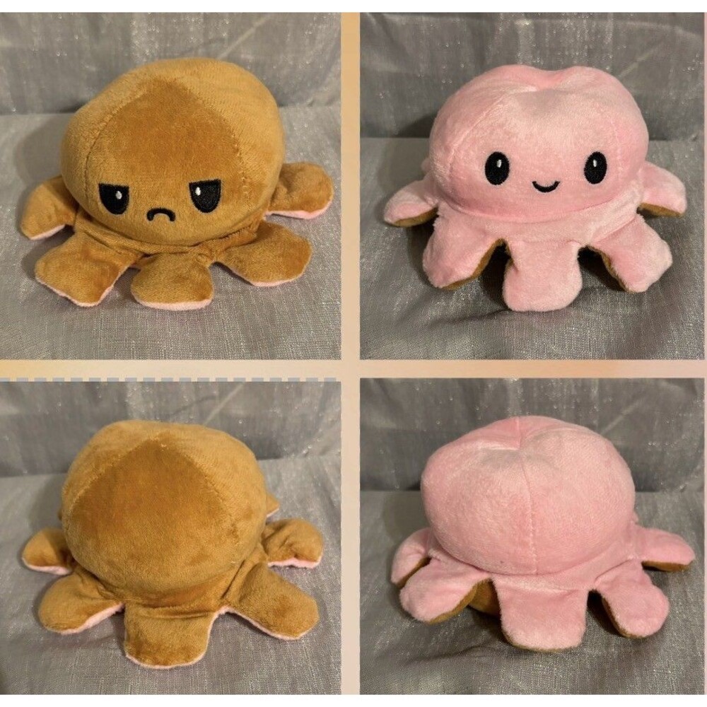 Reversible Octopus Plush Toy Mood Flip Happy Pink/ Angry Brown - 6x4 Emotion